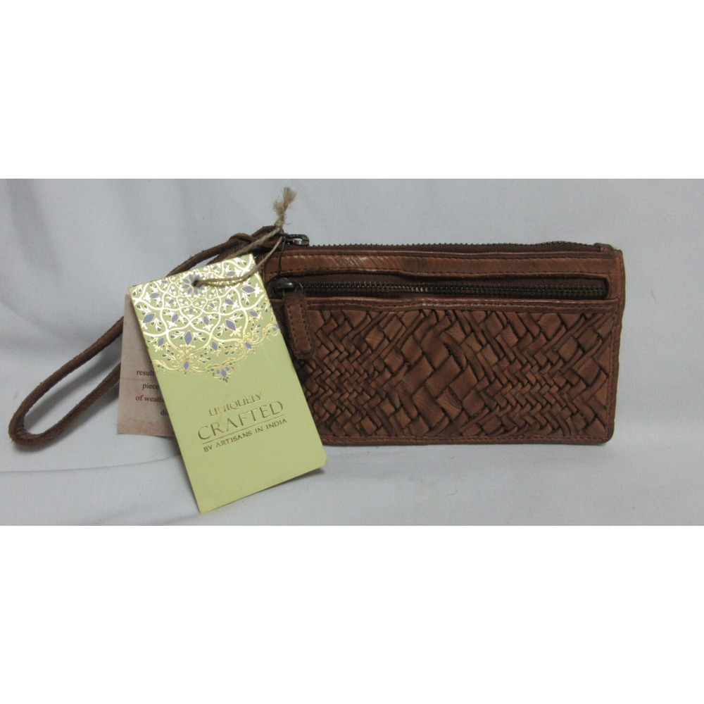 UNIQUELY CRAFTED Brown Leather Wallet Wristlet With Strap Woven Leather India